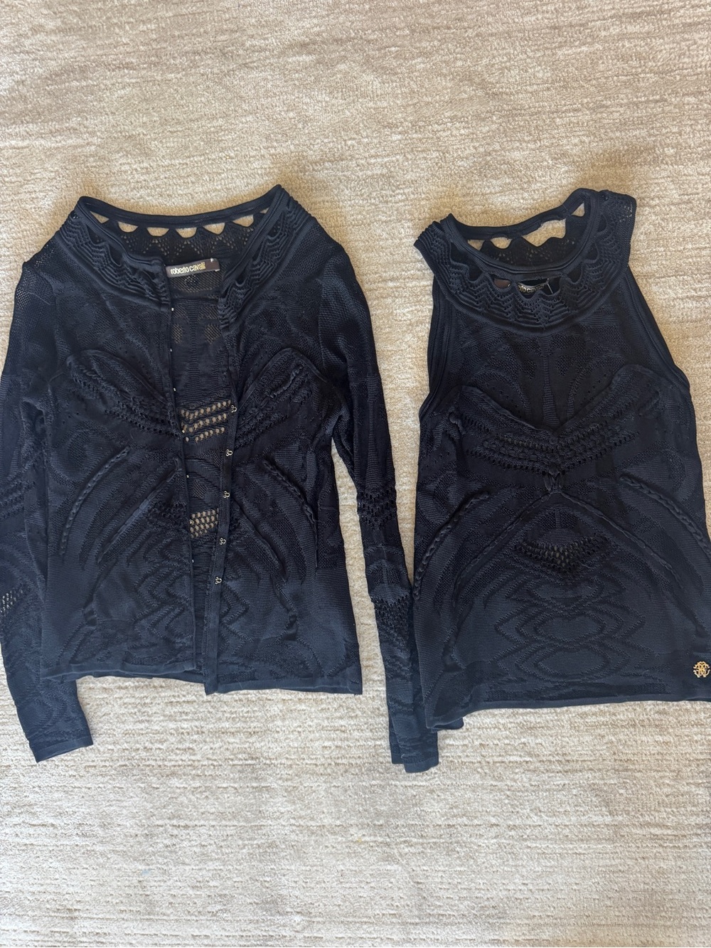 Roberto Cavalli Black Crochet Knit Tank & Cardigan Set